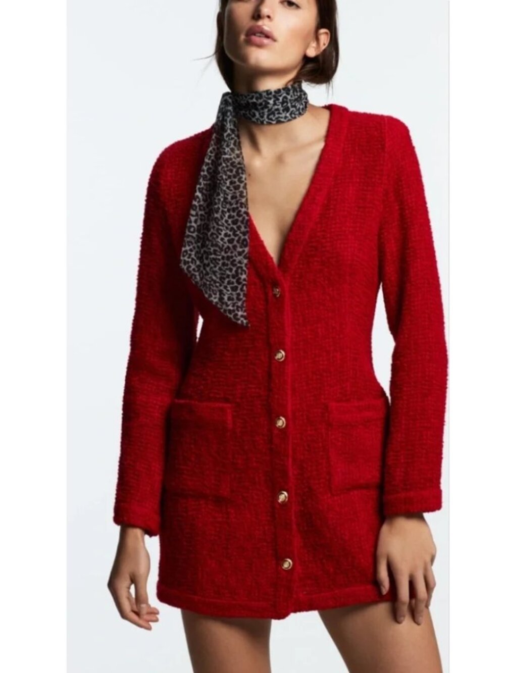 Zara Red Tweed Knit Gold Button Cardigan Mini Dress Jacket Longline Sweater Sz S
